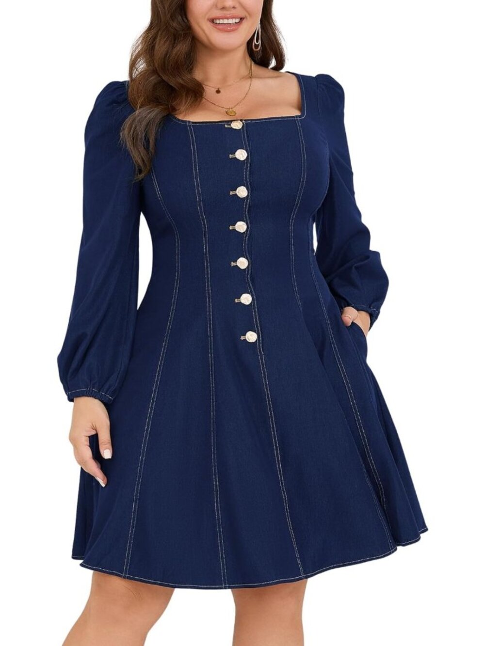 Plus Size Long Sleeve Denim Mini Dress with Pockets - Casual Chic Style